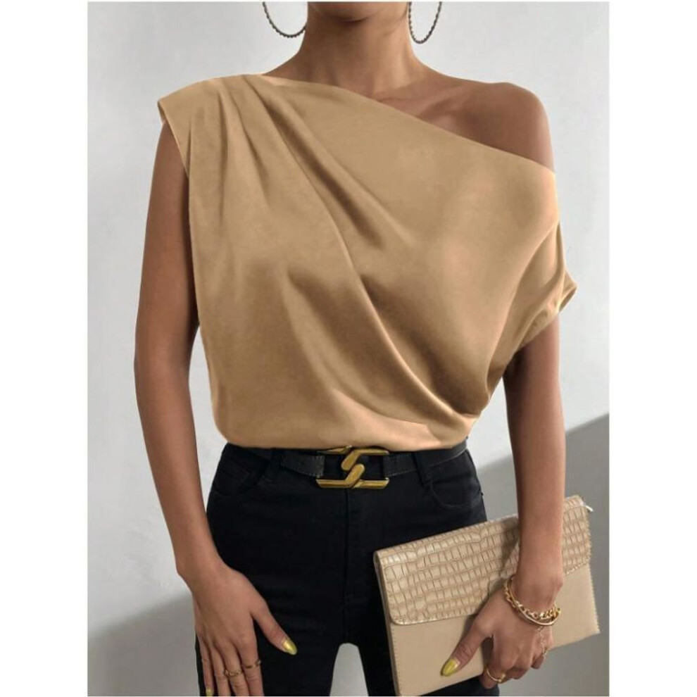 (L, dark brown) Spring Solid Color Satin Irregular Slant Shoulder One Piece Collar Sleeveless Shirt For Women