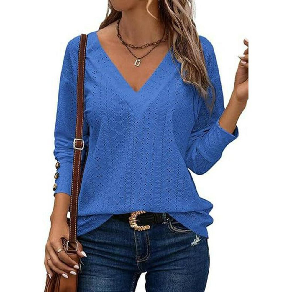 (M, dark blue) 2024 Women's Casual V-neck Long-sleeve Lace Embroidered Button-down Shirt