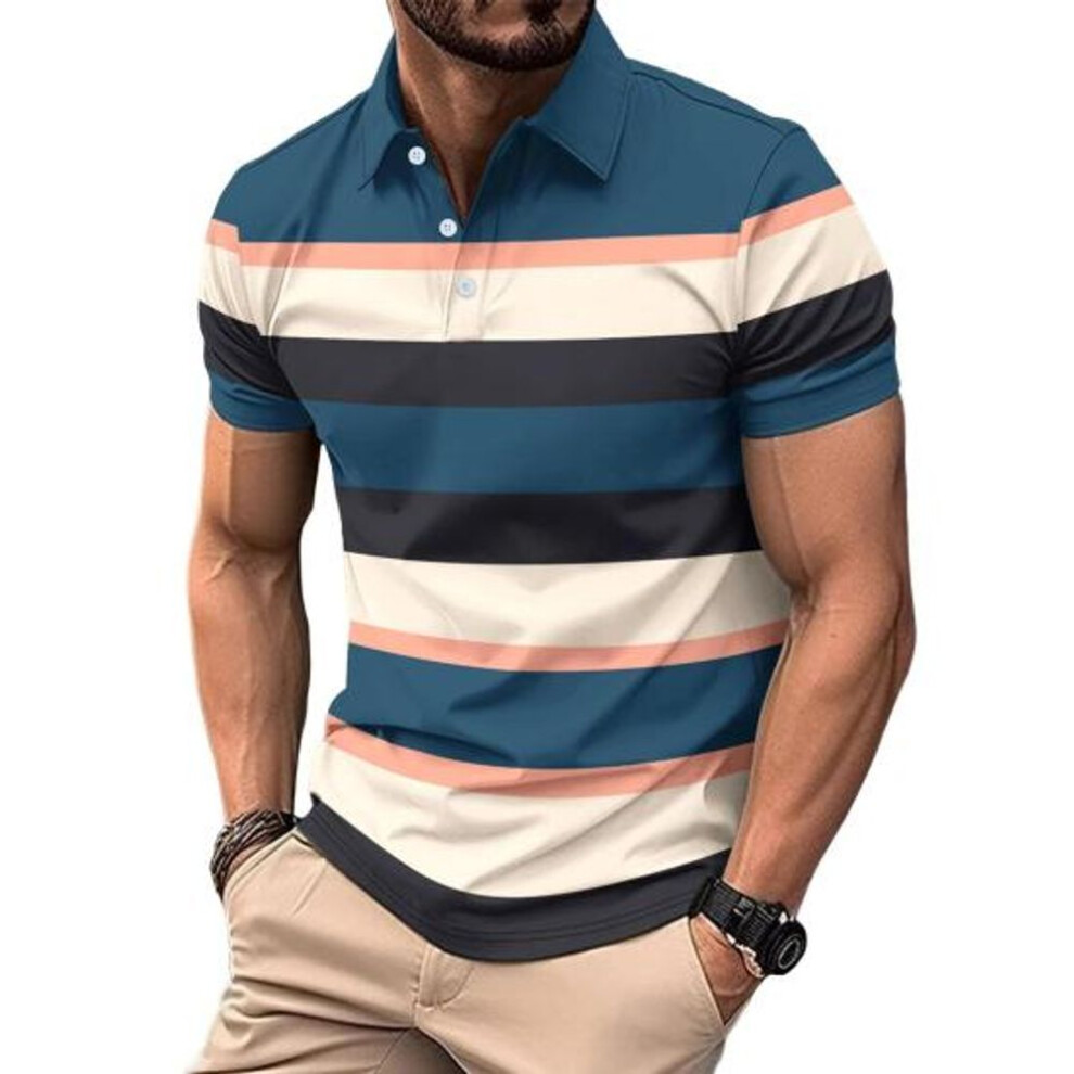 (grey, XL) Men Striped Lapel Tee Casual Short Sleeve Golf Tee Shirt Business Collared T-shirt Top For Sports Golf Travel Office Parties Daily Wear