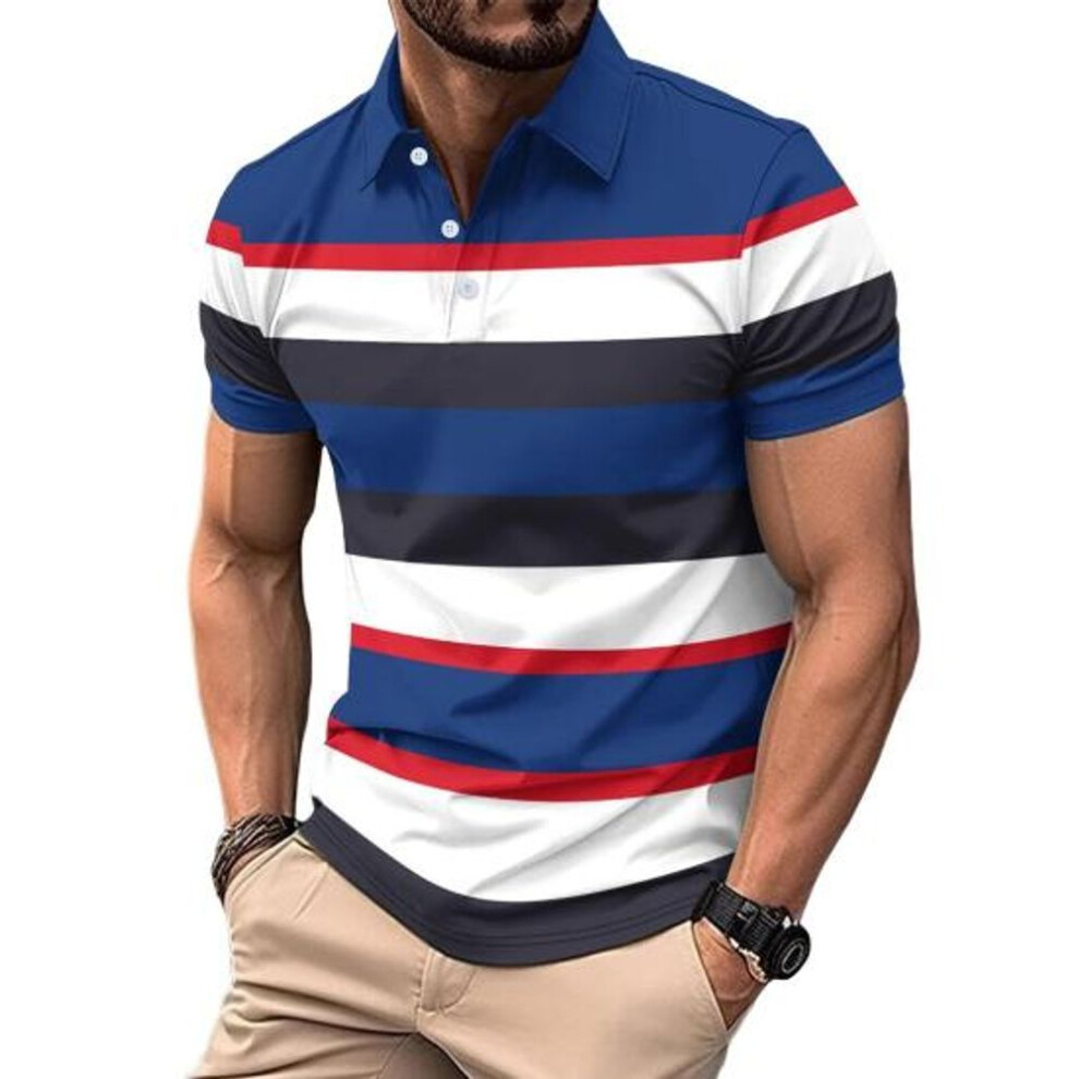 (navy blue, L) Men Striped Lapel Tee Casual Short Sleeve Golf Tee Shirt Business Collared T-shirt Top For Sports Golf Travel Office Parties Daily Wear
