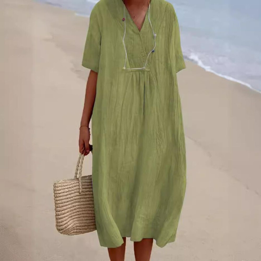 (light green, S) Qiced Spring And Summer Women's Versatile Casual Thin Skirt Solid Colour Cotton Linen Dresses