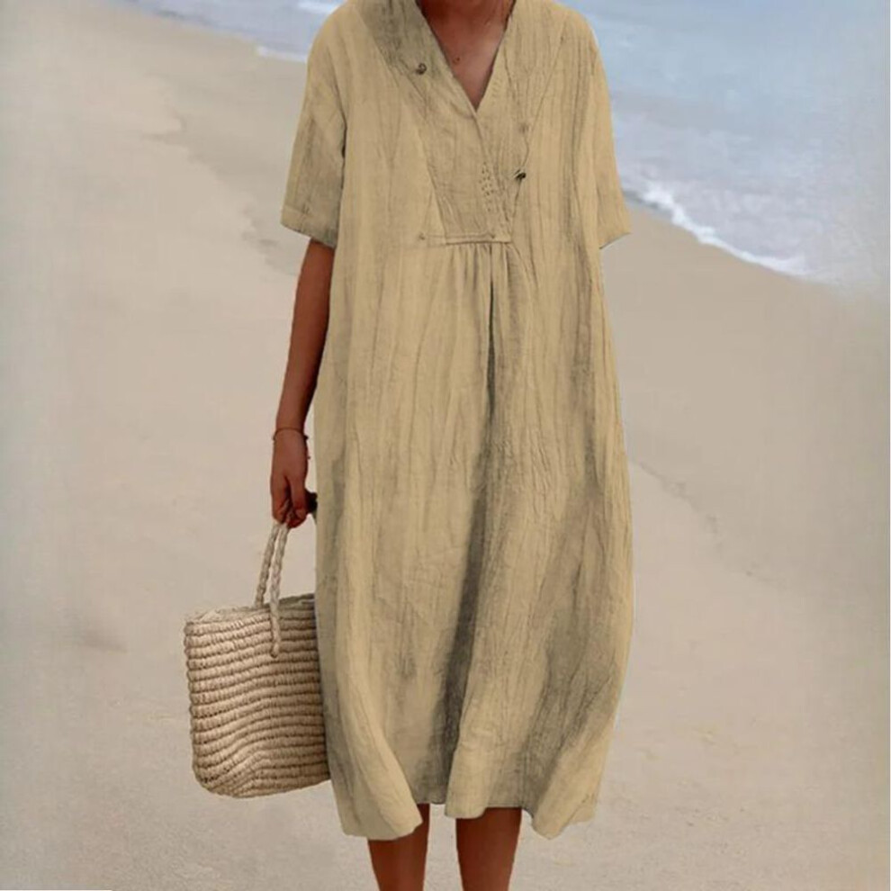 (khaki, L) Qiced Spring And Summer Women's Versatile Casual Thin Skirt Solid Colour Cotton Linen Dresses