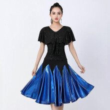 (3XL, One size) Latin Dance Stretchy Dress Salsa Samba Girls Fringes Costume Half Sleeve Competition Dresses Women Satin Skirt Stage Performanceblue