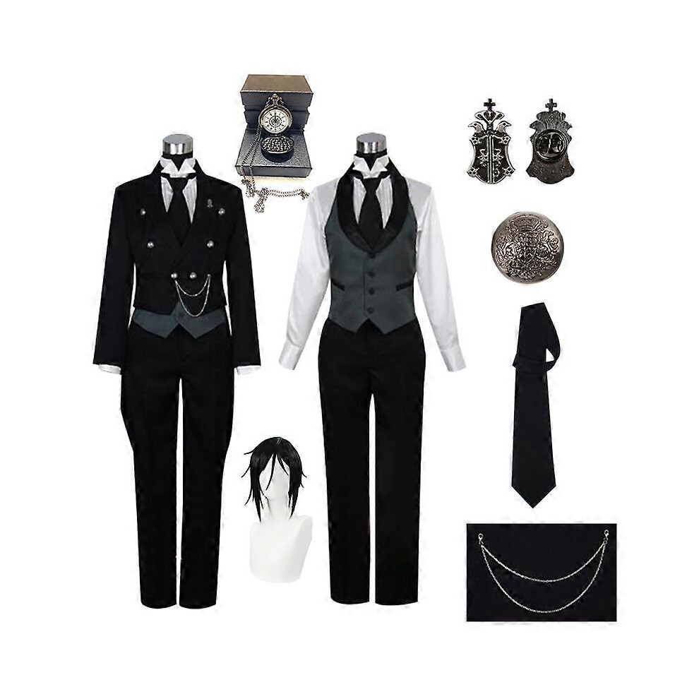 Photos - Fancy Dress Kikidex  Anime Kuroshitsuji Sebastian Michaelis Cosplay Black Butler Cosplay Costume Unisex Uniforms 8 Piece With Tat (S, Full Set 1)
