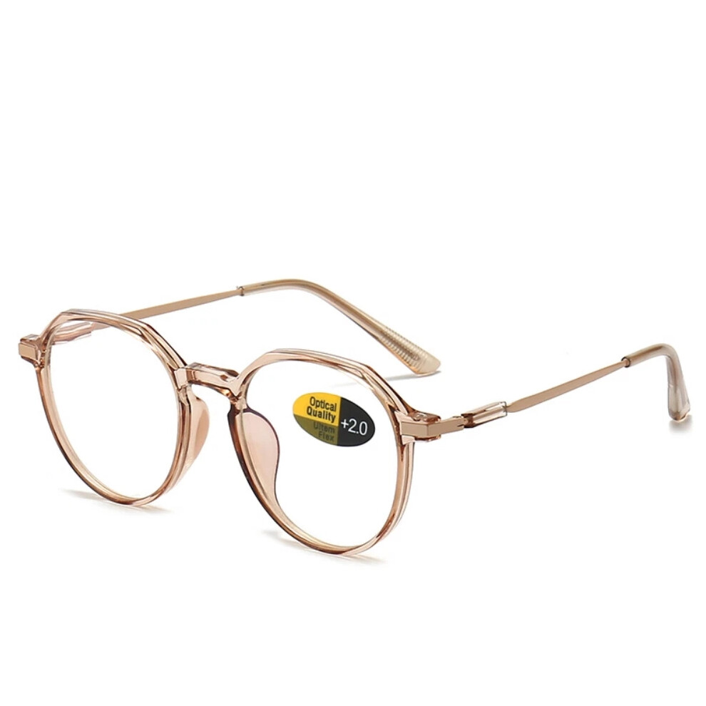 (Tea, +2.50 strength) Men Women Round Blue Light Blocking Reading Glasses Classic Presbyopic Reader
