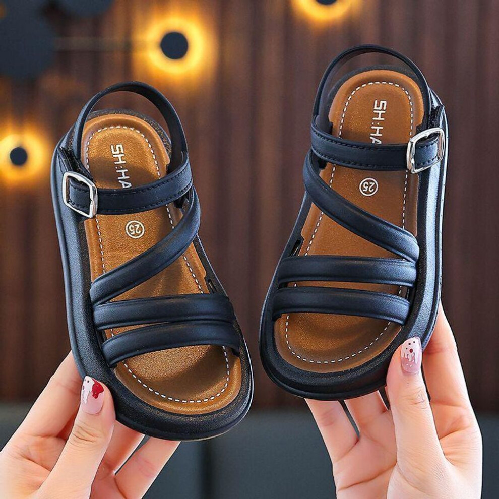 (black, Size 26 (16CM)) Girls' Open Toe Summer Sandals: Stylish Korean Princess Design