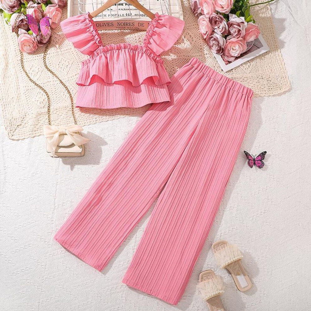 (pink, 170cm/12Y) Girl's Suit 7-12y Children's Clothing Summer New Child Halter Top + Trousers Casual 2pcs Kids Trousers