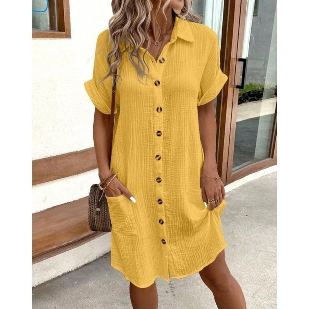 (yellow, S) Summer Simple V-neck Button-up Dress For Women Shirt Dress