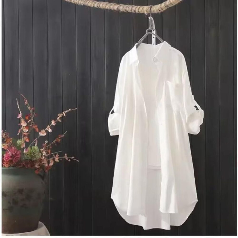 (XL, white) White Shirt Women 2025 Spring Summer Korean Fashion Simple Solid Color Long Shirts Lady Loose Breathable Midi Shirt And Blouse