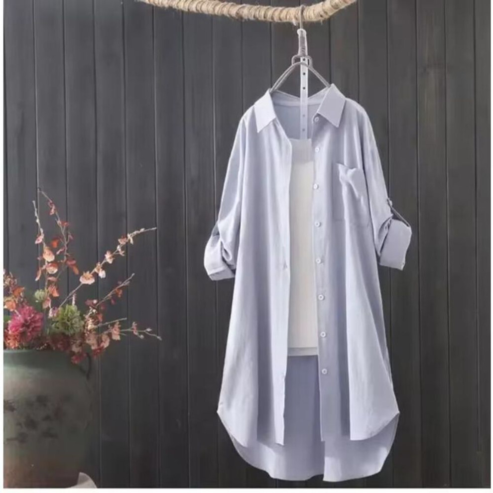 (L, blue) White Shirt Women 2025 Spring Summer Korean Fashion Simple Solid Color Long Shirts Lady Loose Breathable Midi Shirt And Blouse