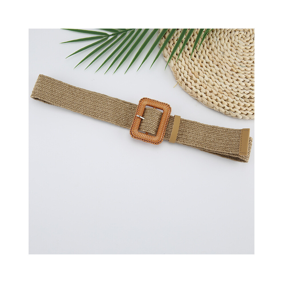 (Khaki)Robe ceinture femme boucle carrée corde tissée chemise longue ceintures décoratives