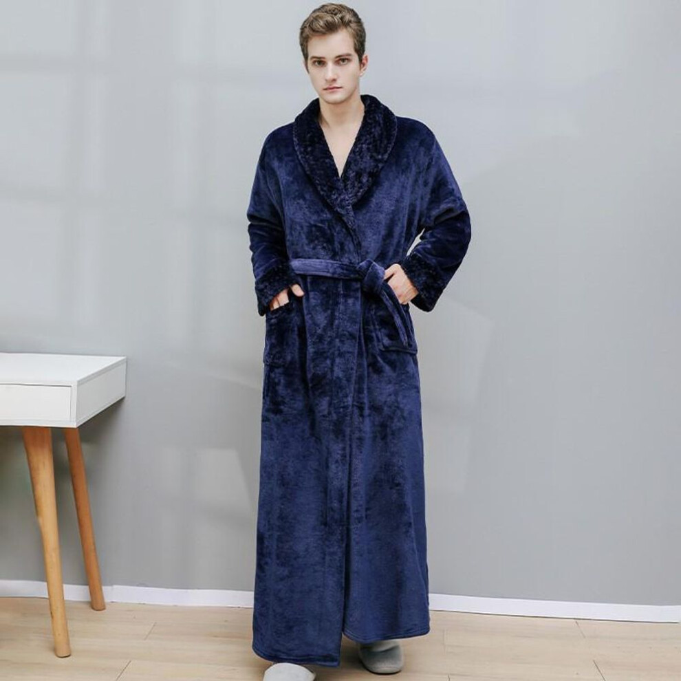 (Male, M, navy) Cozy Autumn/winter Long Coral Fleece Velvet Bathrobe Set For Couples - Flannel Men's And Women's Pajamas