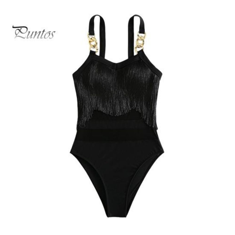 (M, black) Women Sexy Monokini Sling Sleeveless Tassel Decor Swimsuit Mesh Splicing Backless Design One-piece Bikini