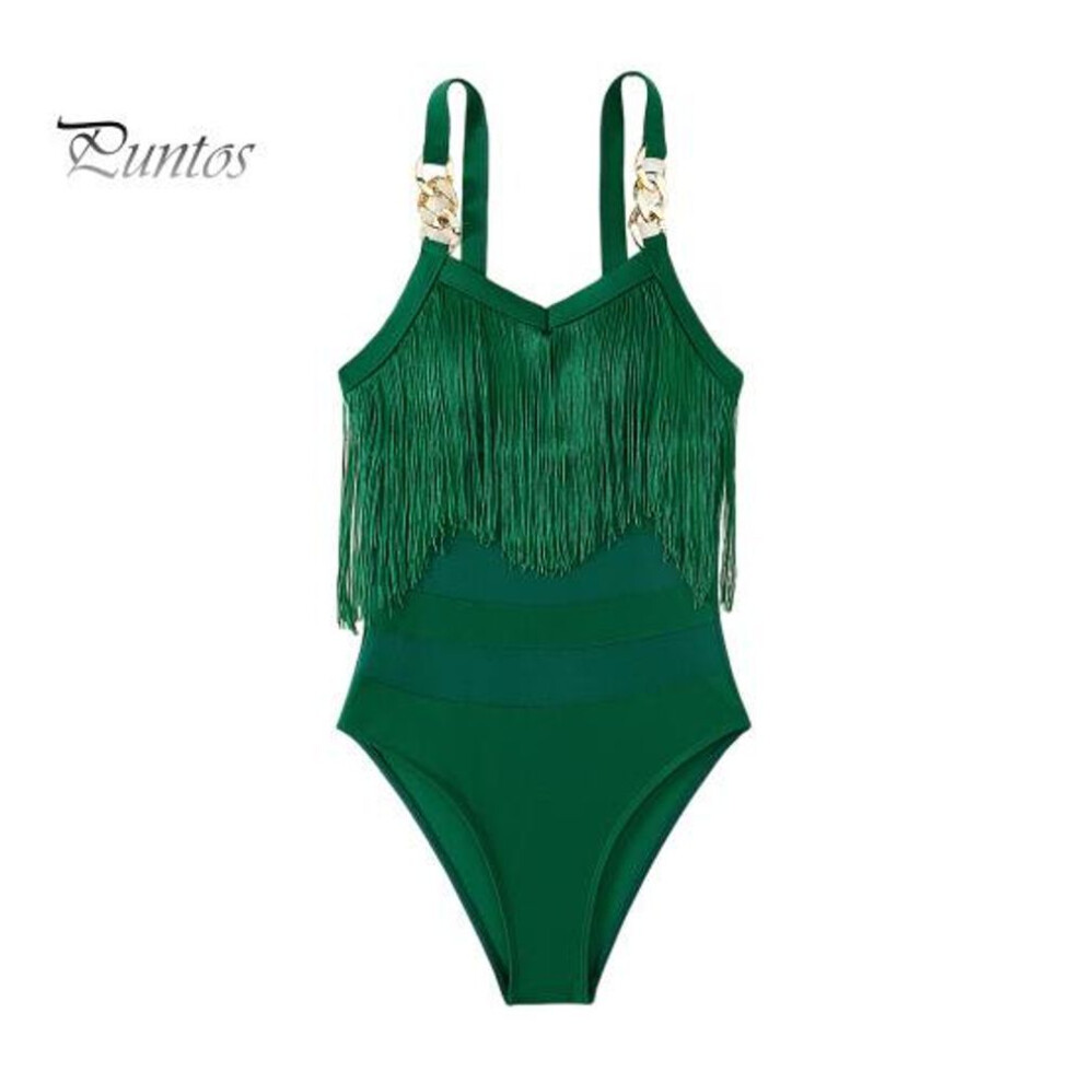 (S, dark green) Women Sexy Monokini Sling Sleeveless Tassel Decor Swimsuit Mesh Splicing Backless Design One-piece Bikini-image-OPC-PHFW26H-NEW