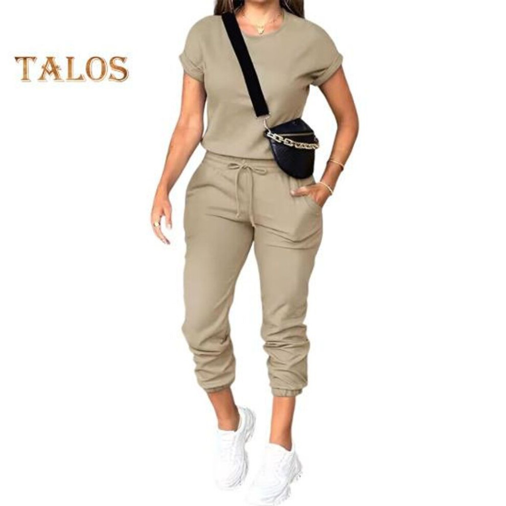 (camel, M) Women's Short Sleeve Tracksuit Set Casual Crew Neck Top And Drawstring Joggers With Pockets Female Two Piece Sweat Set