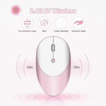 (As show, One size) HXSJ T36 Three Mode BT 3.0 + 5.0 + 2.4G Wireless Mouse Slim Silent Design Rechargeable Optical Mouse Replacement for iPad PC Laptop Pink