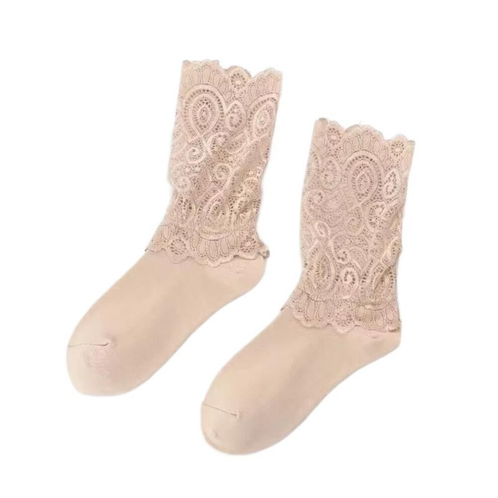 (khaki) Black Short Cotton Sock Sexy Lace Medium Length Socks Cute Floral Mesh Socks  For Women