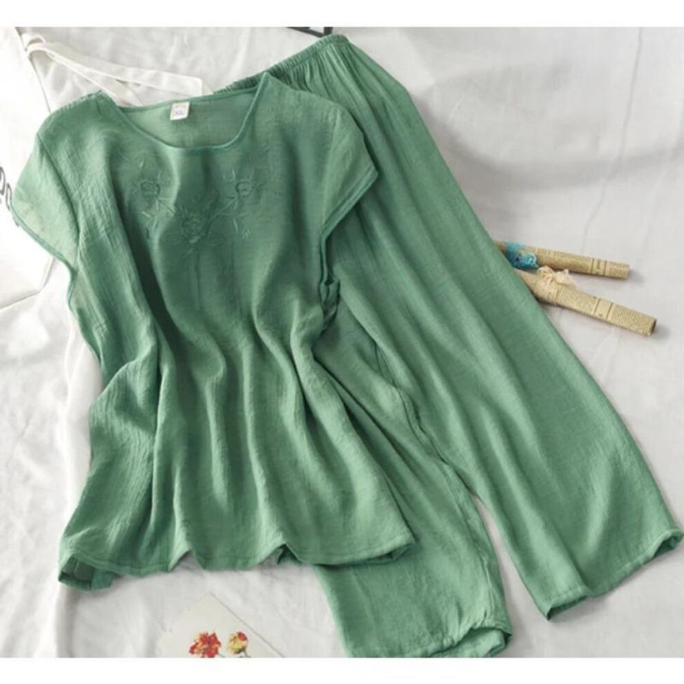 (XL, green) Cotton Linen Pajamas For Women  Pyjamas Set Embroidery Pigiama Pjs Summer Sleepwear