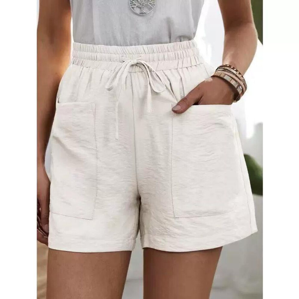 (white, S) Summer Women's New Loose Linen Casual Shorts Pocket Solid Color Large Size High Waist Wide Leg Pants