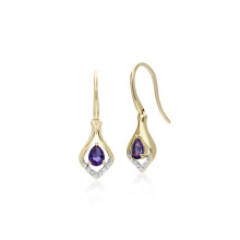 Classic Pear Amethyst & Diamond Leaf Halo Drop Earrings in 9ct Yellow Gold