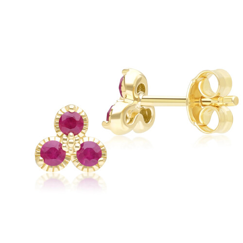 Floral Ruby Three Stone Stud Earrings in 9ct Yellow Gold 2