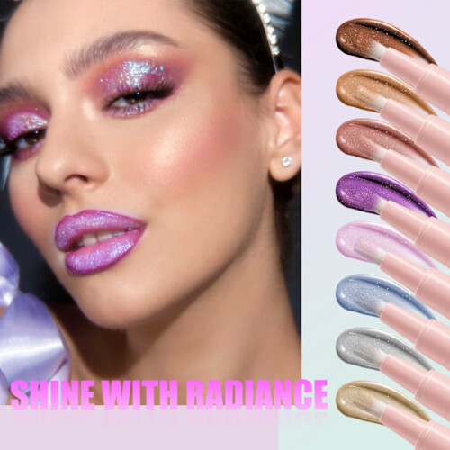 8 Colours Pearlescent Liquid EyeshadowSoft BrushDiamond HighlightLiquid EyeshadowSwirl Lip Gloss 01#