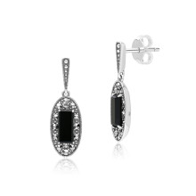 Art Deco Style Oval Onyx and Marcasite Drop Earrings in Sterling Silver