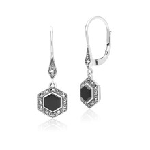 Art Deco Style Hexagon Onyx and Marcasite Drop Earrings in Sterling Silver