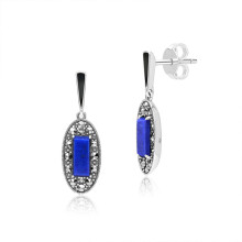 Art Deco Style Oval Lapis Lazuli, Marcasite and Black Enamel Drop Earrings in Sterling Silver