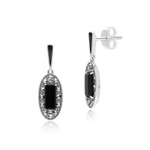 Art Deco Style Oval Onyx, Marcasite and Black Enamel Drop Earrings in Sterling Silver