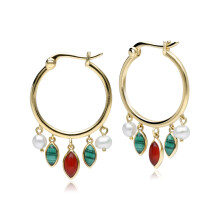 ECFEW Creator Malachite, Dyed Carnelian & Pearl Hoop Earrings In Sterling Silver