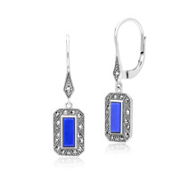 Art Deco Style Rectangle Lapis Lazuli and Marcasite Drop Earrings in Sterling Silver