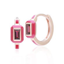 Siberian Waltz Pink Enamel & Baguette Rhodolite Hoop Earrings in Rose Gold Plated Sterling Silver
