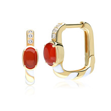 Siberian Waltz Carnelian & White Topaz Square Hoop Earrings In Sterling Silver