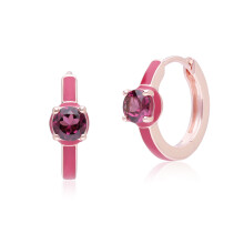 Siberian Waltz Pink Enamel & Round Rhodolite Hoop Earrings In Rose Gold Vermeil