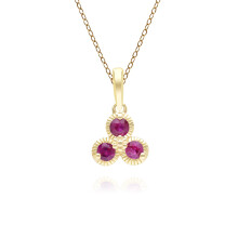 Collier pendentif floral Ă trois pierres rubis en or jaune 9 carats