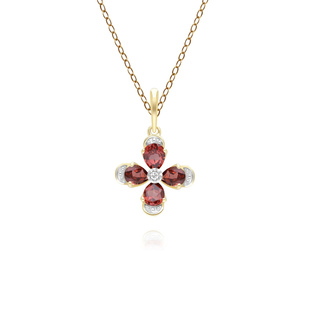 Gemondo Floral Garnet & Diamond Pendant Necklace In 9Ct Yellow Gold