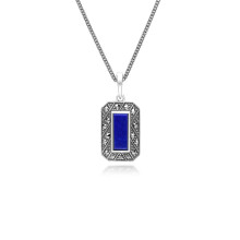 Collier pendentif rectangulaire en lapis-lazuli et marcassite de style Art déco en argent sterling