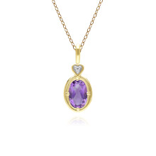 Collier classique avec pendentif cœur ovale en améthyste et diamants, en or jaune 9 carats