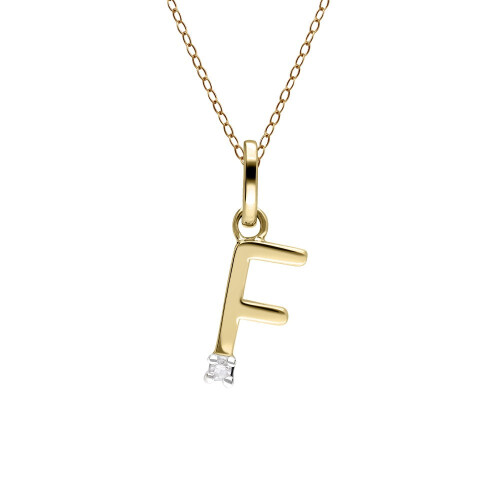 Collier avec initiale F en or jaune 9 carats et diamants