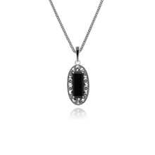 Collier pendentif ovale en argent sterling avec onyx, marcassite et émail noir de style Art déco