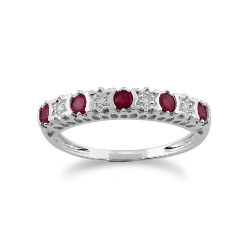 (N) Classic Round Ruby & Diamond Half Eternity Ring in 9ct White Gold