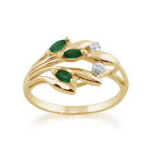 (M) Floral 0.17ct Marquise Emerald & Diamond Ring in 9ct Yellow Gold