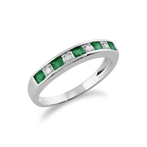(P) Classic Square Emerald & Diamond Half Eternity Ring 9ct White Gold 1