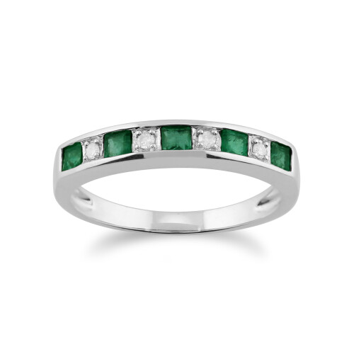 (N) Classic Square Emerald & Diamond Half Eternity Ring 9ct White Gold