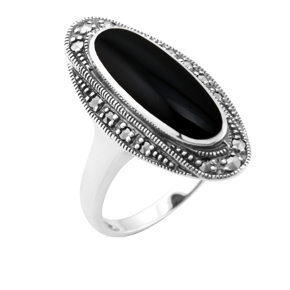 (G) Art Deco Style Black Onyx Cabochon & Marcasite Ring in 925 Sterling Silver-image-OPC-PHFX7KD-NEW