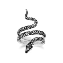 (R) Art Nouveau Style Round Marcasite Snake Statement Ring in 925 Sterling Silver