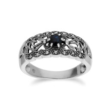 (L) Art Nouveau Style Round Sapphire & Marcasite Floral Band Ring in 925 Sterling Silver