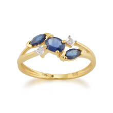 (Q) Contemporary Marquise Light Blue Sapphire & Diamond Three Stone Ring in 9ct Yellow Gold