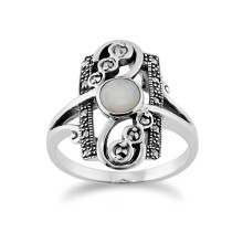 (L) Art Nouveau Style Round Opal & Marcasite Spiral Frame Ring in 925 Sterling Silver